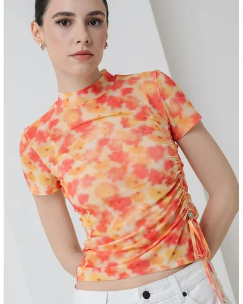 Tricou cu model floral Dastoria, Galben/Roz