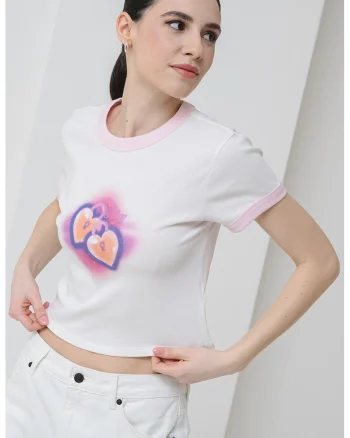 Tricou crop cu imprimeu cu inimi, Alb/Galben pal/Albastru