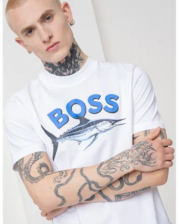 Tricou slim fit cu imprimeu, Alb optic/Albastru