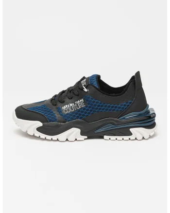 Pantofi sport din piele ecologica si material textil cu detaliu logo, Alb/Negru/Albastru inchis