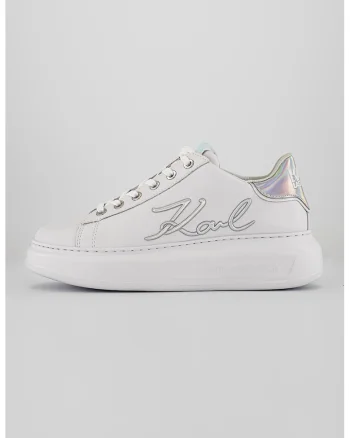 Pantofi sport din piele cu aplicatie logo metalica, Alb/Argintiu