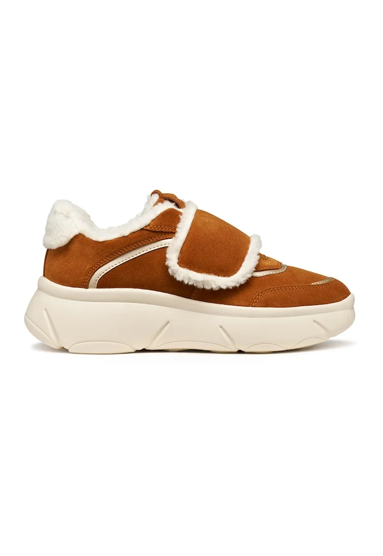 Pantofi sport de piele intoarsa cu detalii din teddy, Maro scortisoara