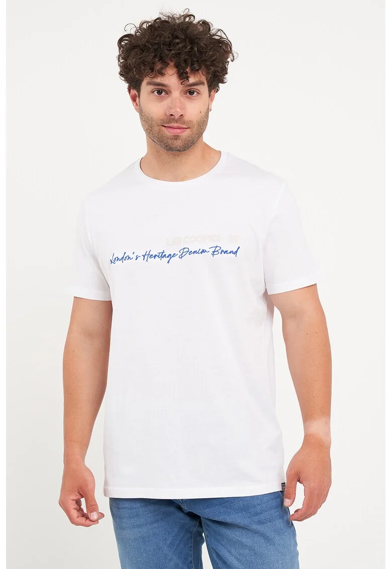 Tricou cu decolteu la baza gatului si imprimeu logo, Alb/Albastru