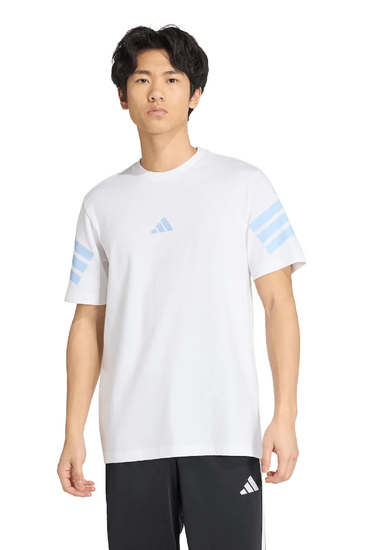 Tricou de bumbac cu decolteu la baza gatului si logo, Alb/Albastru deschis