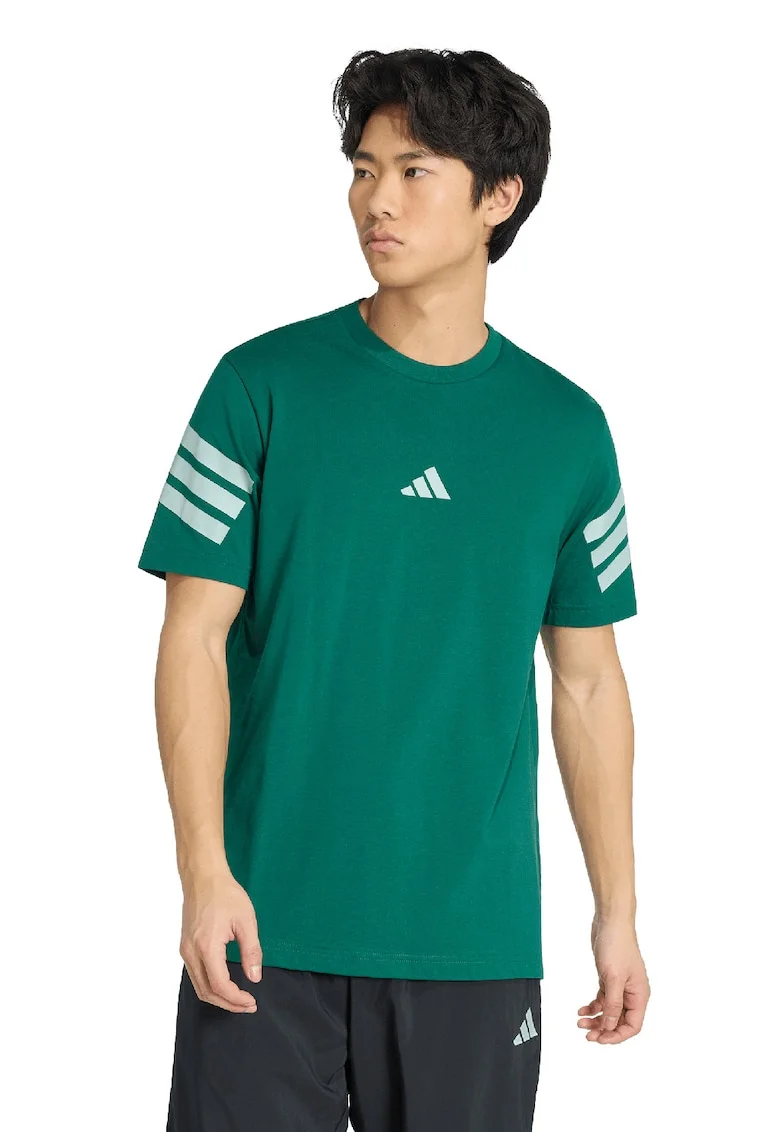 Tricou de bumbac cu decolteu la baza gatului si logo, Alb/Verde inchis