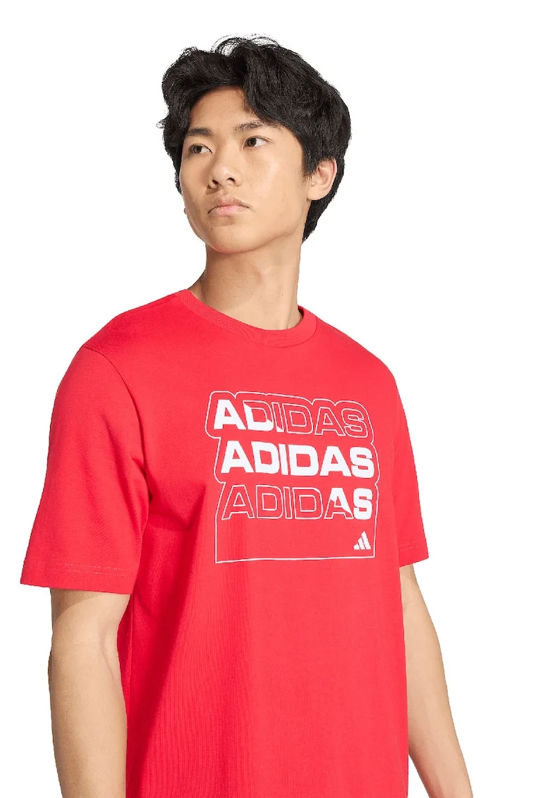 Tricou cu decolteu la baza gatului si imprimeu logo, Rosu/Alb