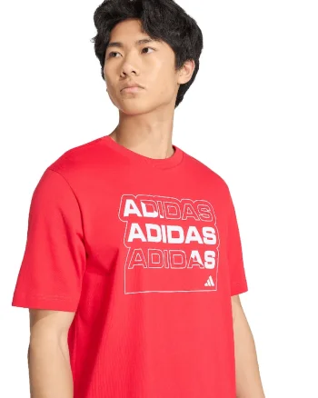 Tricou cu decolteu la baza gatului si imprimeu logo, Rosu/Alb