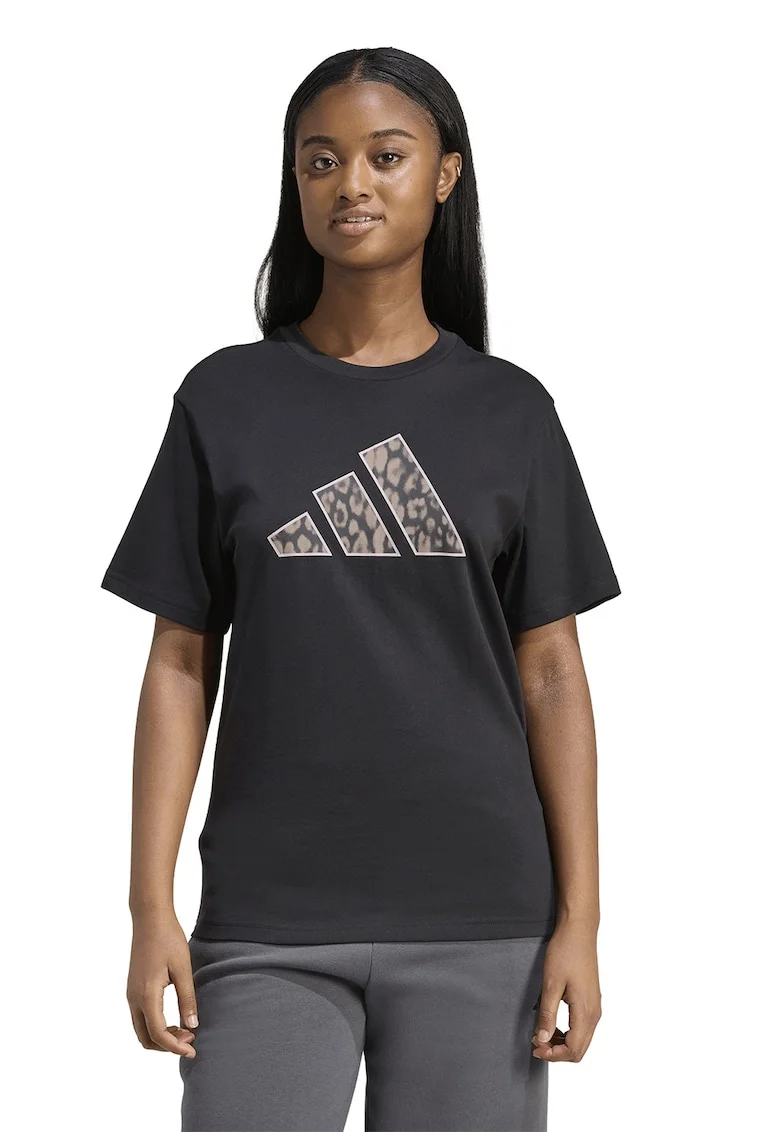 Tricou cu decolteu la baza gatului si logo, Negru stins/Maro nisip