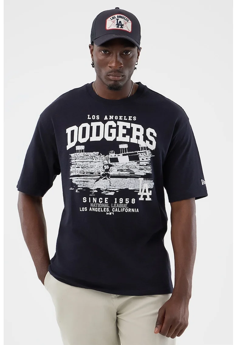 Tricou cu decolteu la baza gatului si design grafic Slub Stadium, Bleumarin