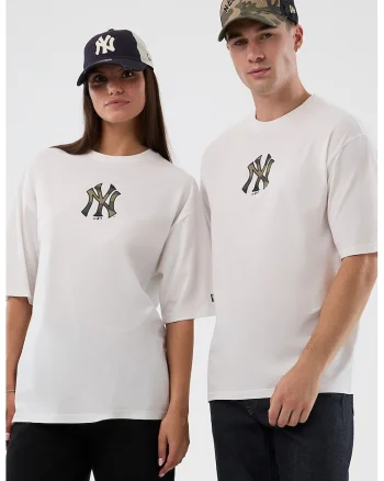 Tricou unisex de bumbac cu logo NY Yankees, Alb