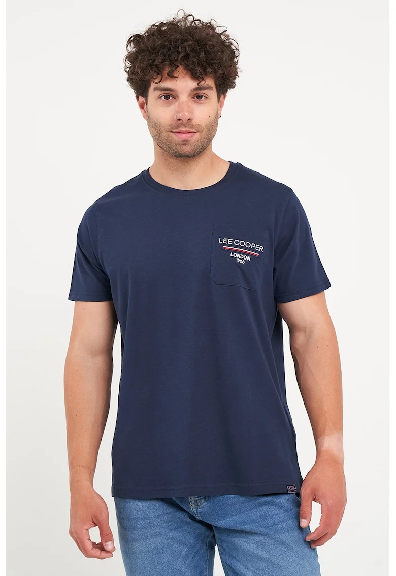 Tricou cu decolteu la baza gatului si imprimeu pe piept, Bleumarin