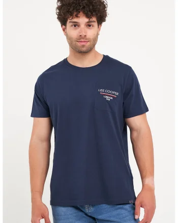 Tricou cu decolteu la baza gatului si imprimeu pe piept, Bleumarin