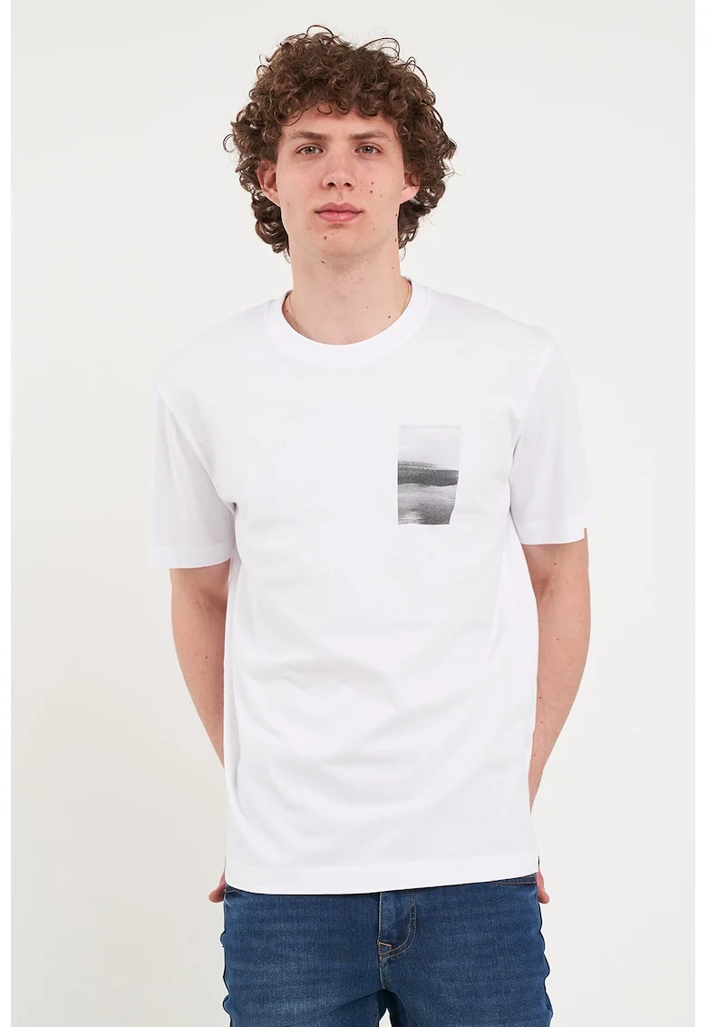 Tricou din bumbac cu decolteu la baza gatului, Alb/Gri
