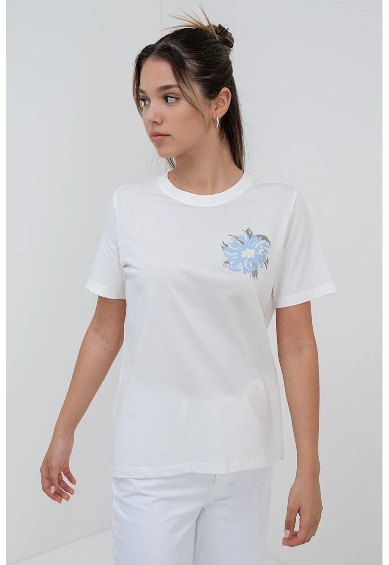 Tricou de bumbac cu decolteu la baza gatului, Alb optic