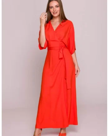 Rochie petrecuta maxi cu curea in talie,, Coral