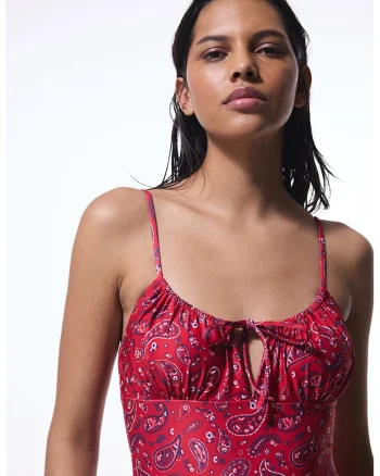 Costum de baie intreg cu model paisley, Rosu/Negru/Alb murdar