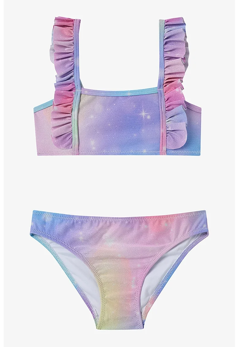 Costum de baie din doua piese, cu volane, Violet/Galben pal/Roz prafuit