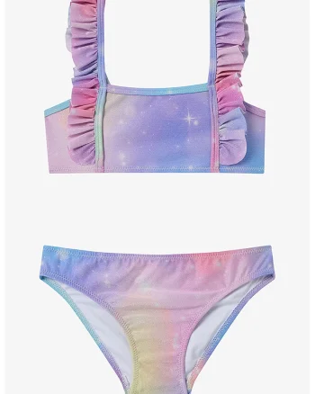 Costum de baie din doua piese, cu volane, Violet/Galben pal/Roz prafuit