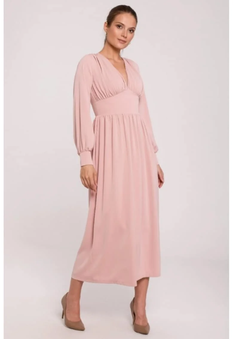 Rochie maxi cambrata in talie cu decolteu in V,, Roz pudrat
