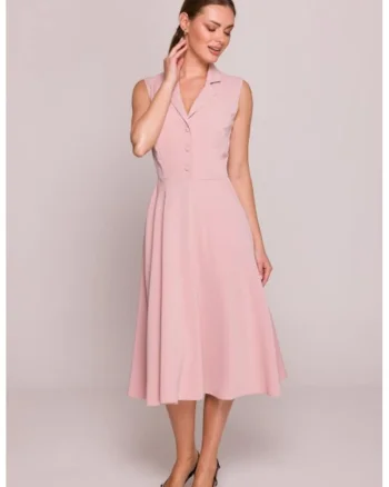Rochie evazata cu guler,, Roz pudrat