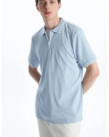 Tricou polo cu fenta cu fermoar, Albastru pastel
