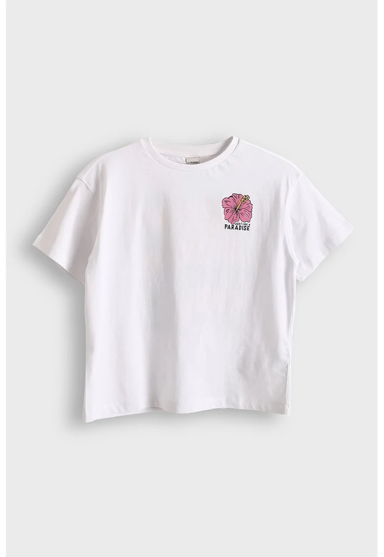 Tricou cu decolteu la baza gatului si imprimeu pe piept, Alb optic