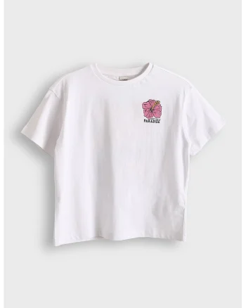 Tricou cu decolteu la baza gatului si imprimeu pe piept, Alb optic