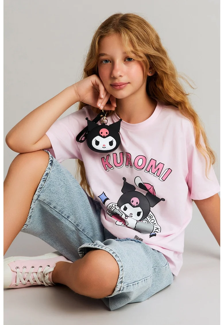 Tricou lejer cu imprimeu Kuromi, Gri deschis/Roz pastel