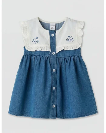 Rochie evazata de bumbac, Alb/Albastru paun