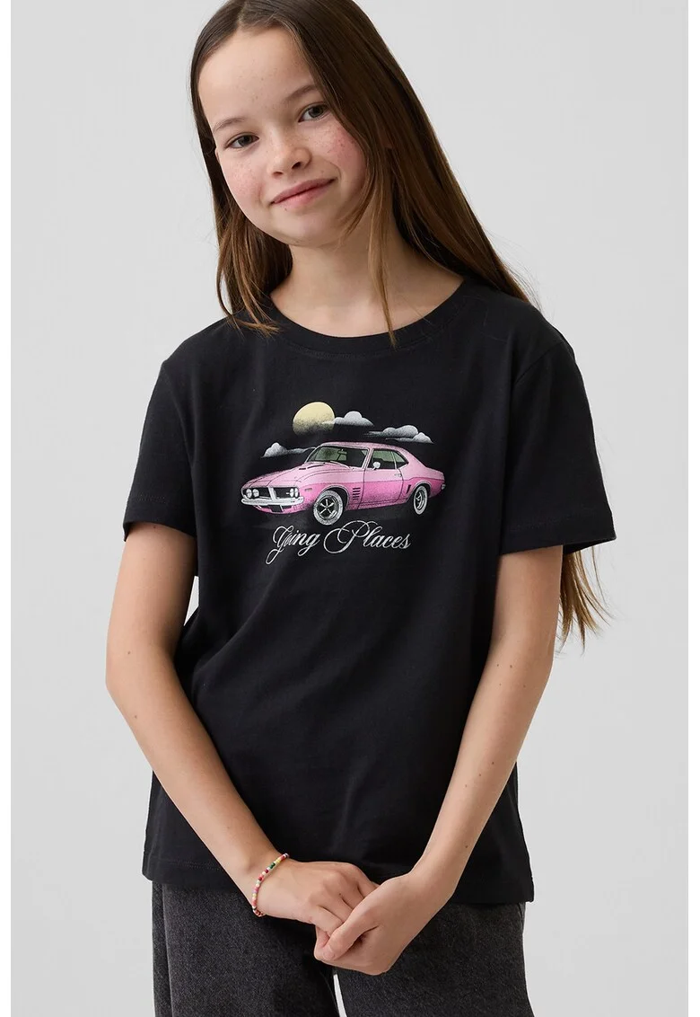 Tricou din bumbac cu decolteu la baza gatului si imprimeu lamaie, Negru