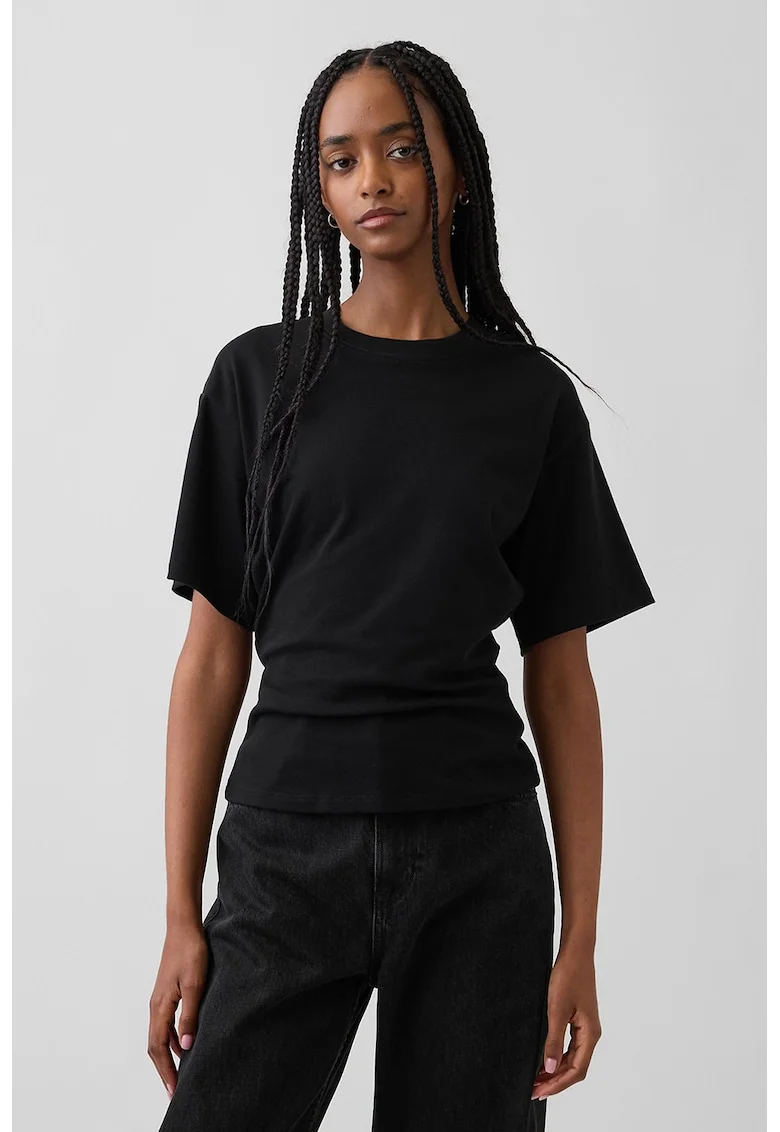 Tricou din bumbac cu decolteu la baza gatului, Negru