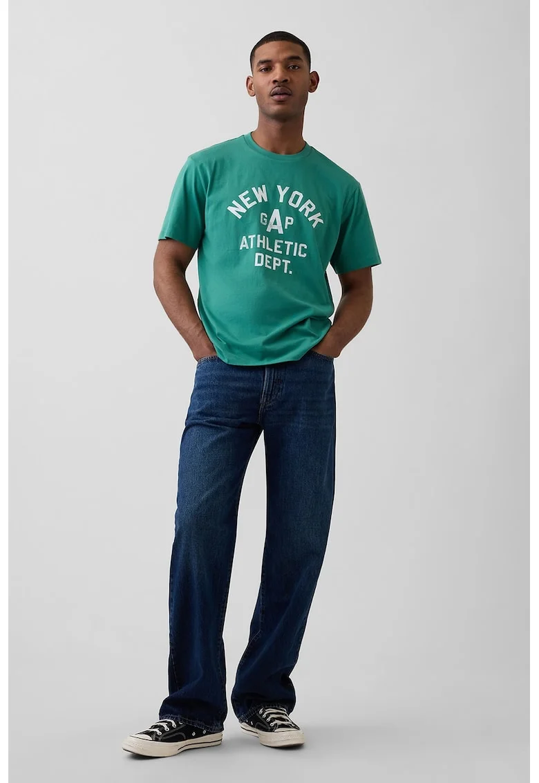 Tricou din bumbac cu imprimeu text, Verde aquamarin