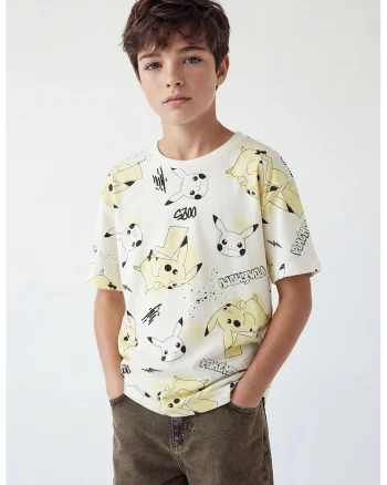 Tricou de bumbac Pikachu, Alb/Galben