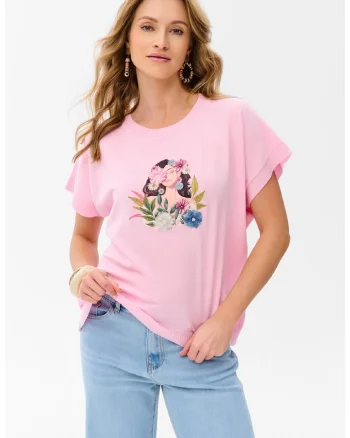 Tricou cu decolteu la baza gatului si detaliu brodat