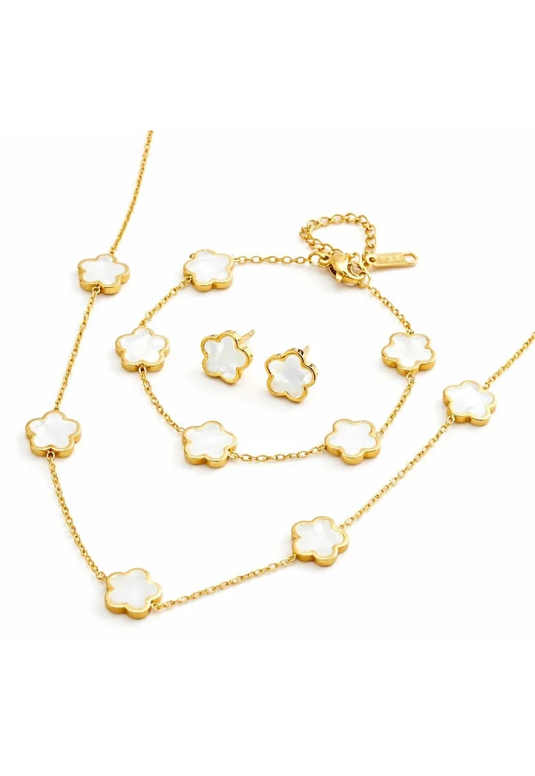 Set colier, cercei si bratara auriu, din otel inoxidabil, suflat cu aur 18k, cu trifoi, Alissea C1