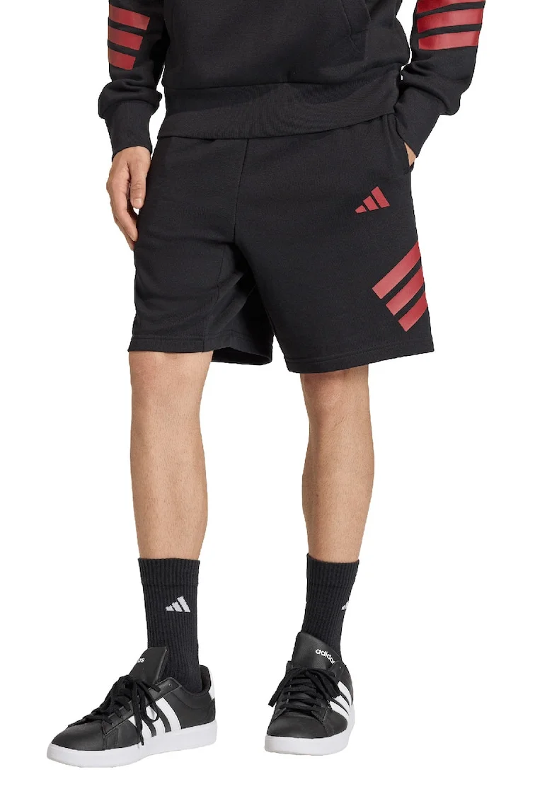 Pantaloni scurti cu imprimeu monograma si snur, Negru/Rosu inchis