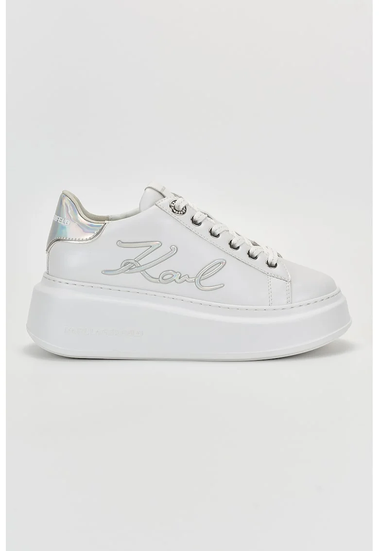 Pantofi sport din piele cu talpa wedge si logo, Alb/Argintiu