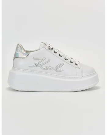 Pantofi sport din piele cu talpa wedge si logo, Alb/Argintiu