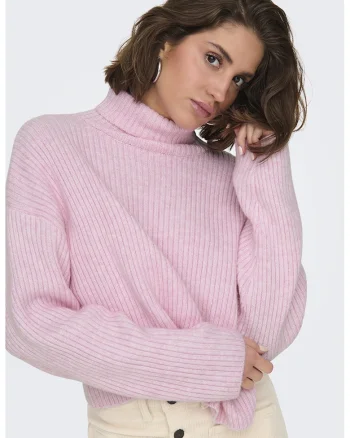 Pulover tricotat cu guler inalt si maneci cazute, Roz bombon