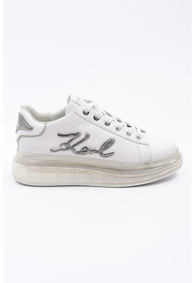 Pantofi sport din piele cu aplicatie logo, Alb/Argintiu
