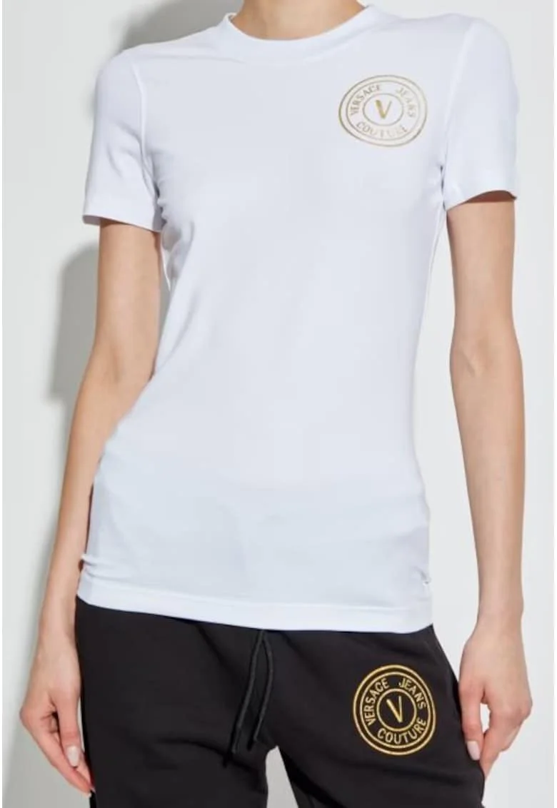 Tricou slim fit cu logo si decolteu la baza gatului