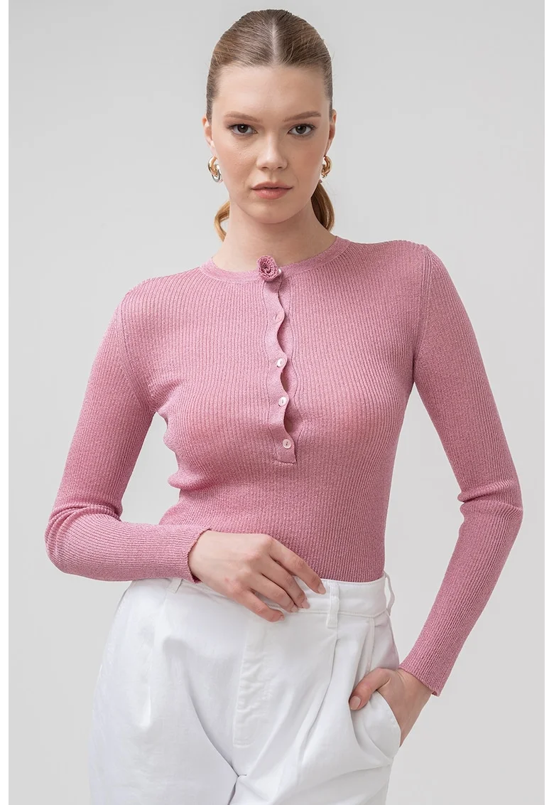 Pulover slim fit cu striatii si fenta cu nasturi Lazise, Liliac prafuit