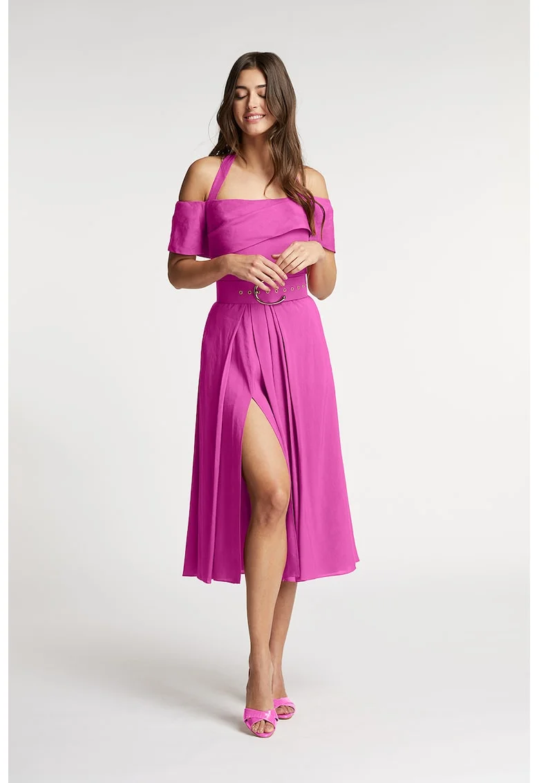 Rochie evazata din amestec de in cu slit lateral adanc Chimera, Roz orhidee