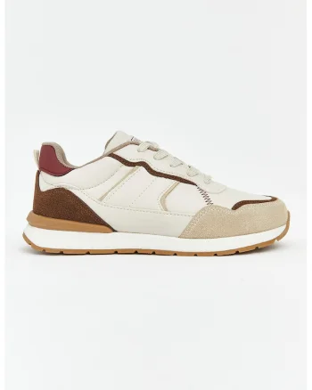 Pantofi sport low cut cu aspect contrastant, Maro camel/Alb murdar/Bej deschis