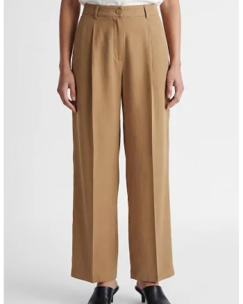 Pantaloni cu talie inalta si pensa, Caramel