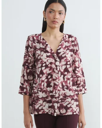 Bluza cu decolteu in V si model, Visiniu/Alb fildes