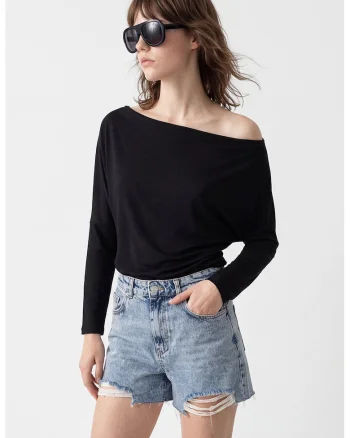 Bluza din amestec de modal cu decolteu drapat, Negru