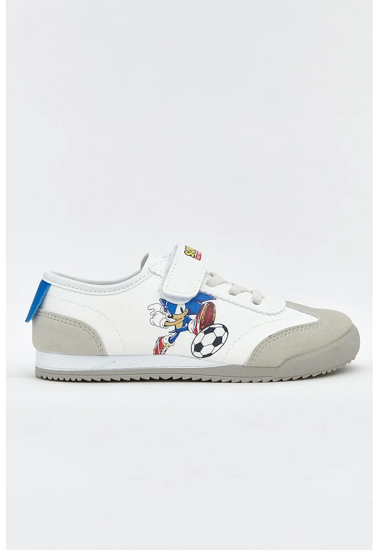 Pantofi sport low-cut cu velcro si Sonic, Alb/Albastru royal/Grej