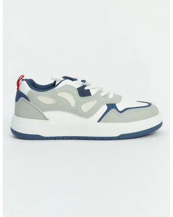 Pantofi sport low-cut din piele ecologica cu aspect colorblock, Alb/Albastru inchis/Gri cenusiu