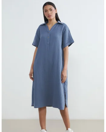 Rochie din amestec de bumbac cu nasturi, Albastru prafuit